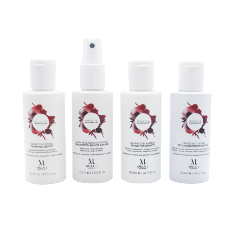 Kit Miracle Marshmallow 120 ml pour cheveux abîmés, flacon élégant illustrant un soin capillaire réparateur, hydratant et démêlant, idéal pour retrouver douceur et brillance